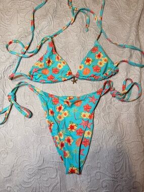 Dippin' Daisy's Turquoise Floral & Coral Shell Print String Bikini